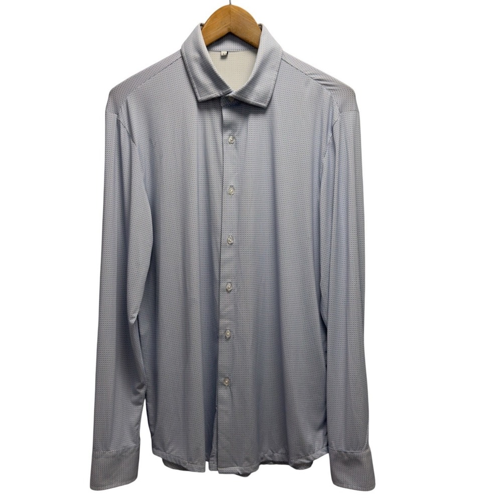 State & Liberty Men's Large White/Blue Geometric Polka Dot Performance Shirt euc - Picture 2 of 6